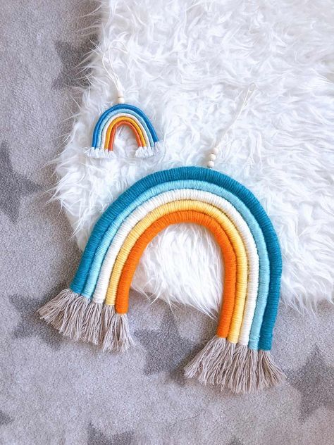 DIY Rainbow Wall Hanging Tutorial (with matching charm) How To Make Rainbow Macrame, Diy Rainbow Wall, Baby Giveaways, Rainbow Craft, Mini Diffuser, Rainbow Wreath, Diy Nursery Decor, Rainbow Diy, Boho Crafts Diy