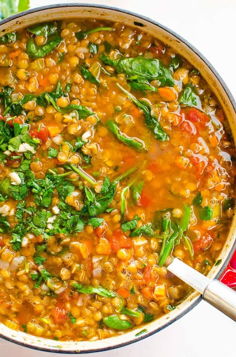 Lentil Spinach Soup with green lentils, diced tomatoes and lots of Parmesan cheese. This spinach lentil soup is healthy, easy, low calorie and hearty. This lentil soup is rich in protein, fiber and is gluten free. Lentil Spinach Soup, Spinach Lentil Soup, Spinach Lentil, Lentil Spinach, Vegetarian Lentil Soup, Spinach Soup Recipe, Resep Pasta, Lentil Soup Recipe, Autumn Food