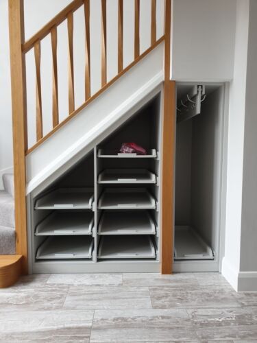 Hallway Under Stairs Ideas, Moving Stairs Before And After, Under Basement Stairs Storage, Hallway Under Stairs, Small Space Under Stairs Ideas, Space Under Stairs Ideas Creative, Cupboard Under Stairs Ideas, Understairs Cupboard Ideas, Diy Under Stairs Storage