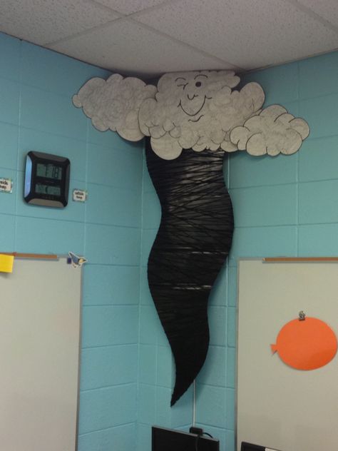 Tornado Classroom Decoration, Tornado Birthday Party Decorations, Weather Classroom Decorations, Tornado Decoration, Tornado Craft, Tornado Party, Tornado Room, Stem Night, Munchkin Land