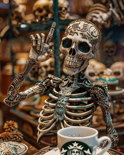 More coffee pls! #goodmorning #coffee #skeletons #mondaymorning Witch Cafe, Scary Coffee, Facts About Halloween, Happy Halloween Pictures, Posters Ideas, Halloween Facts, About Halloween, Pinterest Ideas, Skeleton Art