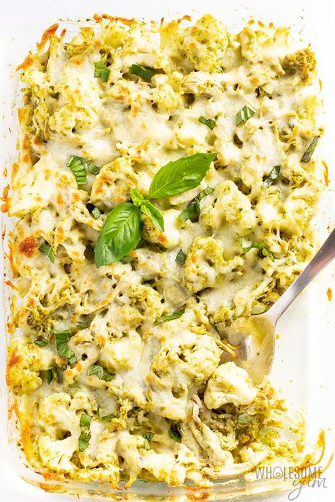 Keto Pesto Chicken, Keto Pesto, Chicken Cauliflower Casserole, Cauliflower Casserole Recipes, Baked Pesto Chicken, Loaded Cauliflower Casserole, Healthy Pesto, Chicken Bacon Ranch Casserole, Chicken Cauliflower