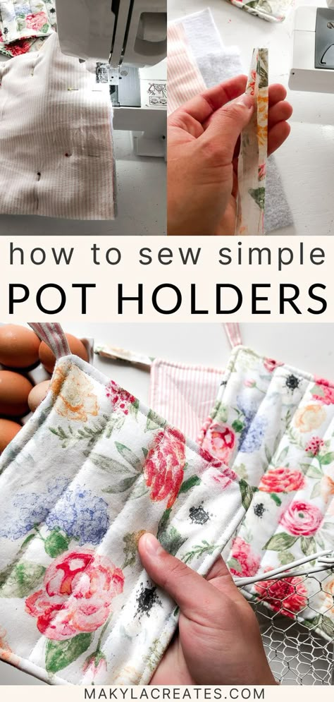 How To Make Potholders Sewing, Diy Fabric Pot Holders, How To Sew Hot Pads, Sew A Potholder, Pot Holder Storage, Christmas Kitchen Sewing Projects, Kitchen Pot Holders, Pot Holder Tutorial, Sewing Hot Pads Pot Holders Free Pattern