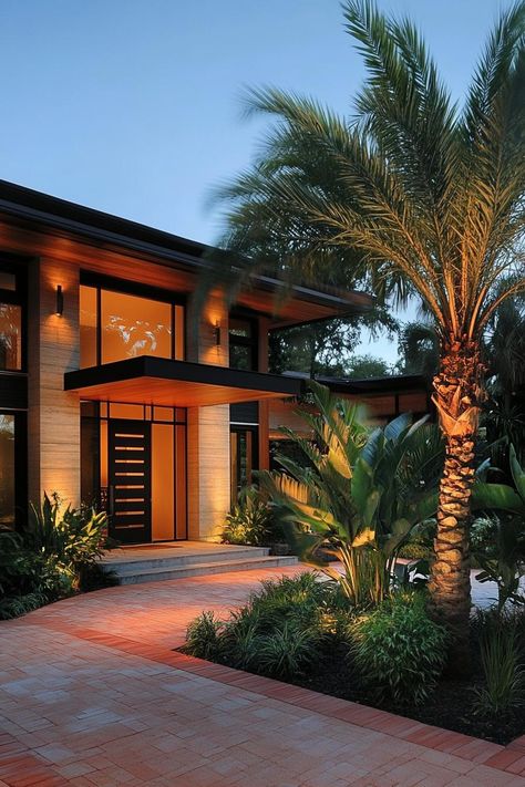 Modern house exterior with palm trees and warm lighting. Here’s how tropical minimalist houses blend simplicity with vacation vibes, effortlessly creating that paradise-found feeling right at home. House Design Tropical Modern, Carribean Style Home, Hawaiian House Exterior, Modern Tropical House Facade, Minimalist Tropical House, Modern Tropical House Exterior, Beach House Exterior Tropical, Tropical Modern House, Tropical House Exterior