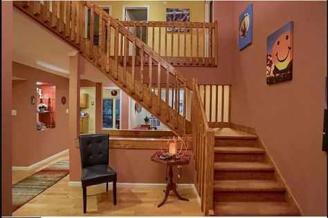 Update 90s Staircase, 1980s Staircase Remodel, 80s Staircase Makeover, 80s Staircase Remodel, 90s Staircase Makeover, 80s Staircase, Painted Stair Railings, Wooden Staircase Railing, Wood Railings For Stairs