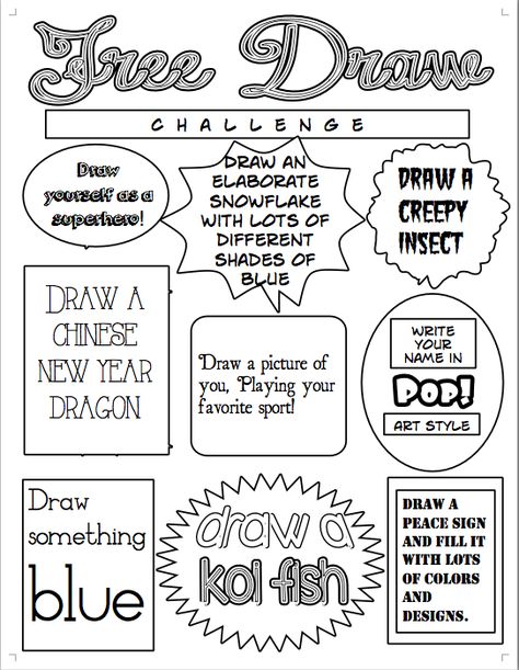 Here's an Idea: create a "Free Draw Challenge" Poster once a month to help students to brainstorm ideas for their sketchbook Art Handouts Free Printable, Creative Doodling, Finish The Drawing, Draw Challenge, Art Sub Lessons, Sketchbook Assignments, Freetime Activities, Free Draw, Art Sub Plans