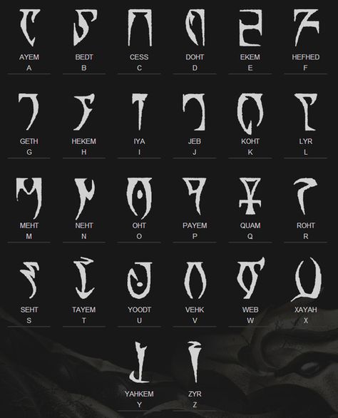 Daedric Alphabet Skyrim Dragon, Ancient Alphabets, Different Alphabets, Alphabet Code, Alphabet Symbols, Elder Scrolls Skyrim, Cursive Alphabet, Alfabet Letters, Alphabet Poster