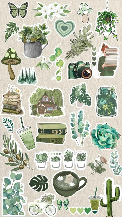 Journal Stickers Green Aesthetic, Green Printable Stickers For Journal, Scrapbook Stickers Printable Vintage Aesthetic Green, Green Scrapbook Printables, Green Design For Scrapbook, Stickers Printable Green, Green Scrapbook Stickers, Green Printable Stickers, Green Stickers Printable