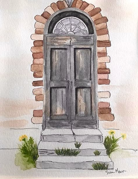 Painting Of A Door, Watercolor Doors Paintings, Front Door Drawing, Door Watercolor Painting, Doors Drawing, Watercolor Doors, Watercolor Door, Door Paintings, Door Drawing