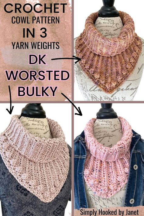 3 textured triangle shape crochet cowls with a bobble stitch edge