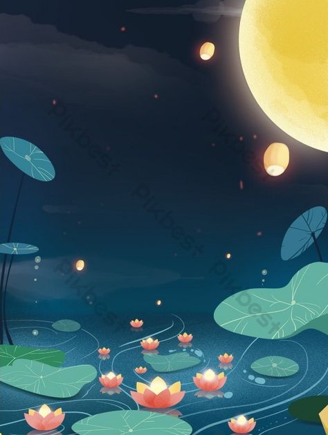 Floating Lantern Festival, Lamp Background, Moon Lotus, Lantern Illustration, Lotus Lamp, The Lantern, Festival Background, Lantern Festival, Illustration Style