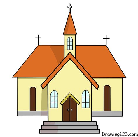 Landscape Drawing Tutorials - How to draw Landscape step by step Church Drawing, Cartoon Building, Blending Colored Pencils, Winter Drawings, Church Images, Easy Cartoon Drawings, Church Pictures, Cartoon House, Easy Drawing Tutorial