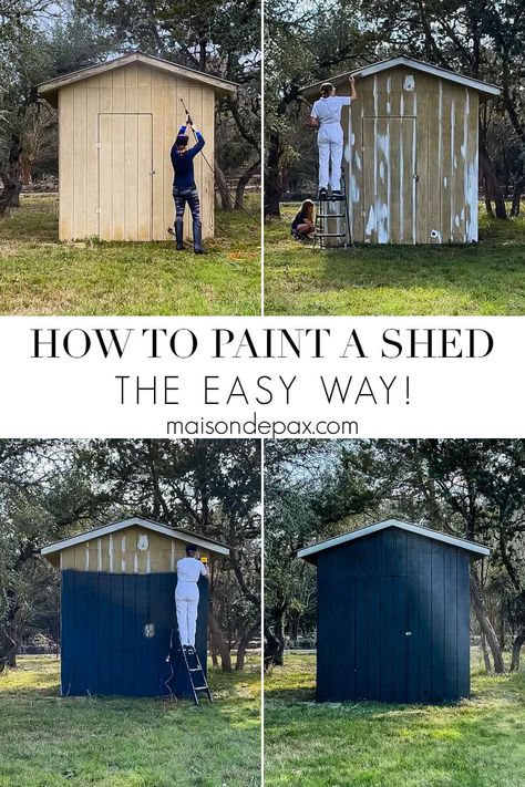 Painting an outdoor shed? Find out exactly how to paint a shed the easy way! Shed Refresh, Grey Shed Paint, Paint Colors For Sheds Backyards, Small Shed Paint Ideas, Shed Inspo Exterior, Creative Shed Painting, Modern Shed Colors Ideas Paint, Shed Redo Ideas, Painted Sheds Ideas Backyards