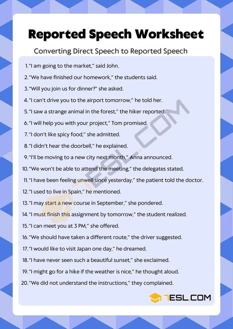 Reported Speech Exercises – Reported Speech Worksheet • 7ESL Speech Exercises, Direct And Indirect Speech, Indirect Speech, Direct Speech, Reported Speech, Foreign Words, Improve Your English, Can You Help Me, Visit France