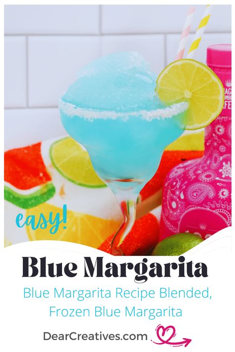 Blue Margarita Recipe – Nothing says summer like sipping cocktails and mocktails in the backyard. If you are ready to blend up a frozen margarita cocktail make this delicious blue drink. We blended the blue margarita. The drink recipe can be adapted (see the recipe notes) and it can be shaken. Use for summer party drinks, baby showers, bridal showers, celebrations, mermaid-themed parties, or just to enjoy at home. DearCreatives.com  Image: blue margarita frozen cocktail with salted rim and lime Blue Frozen Margarita, Blue Caraco Drinks Cocktail Recipes, Blended Margarita Recipe, Summer Party Drinks, Blue Margaritas, Blue Margarita Recipe, Summer Party Drink, Raspberry Margarita, Blue Margarita