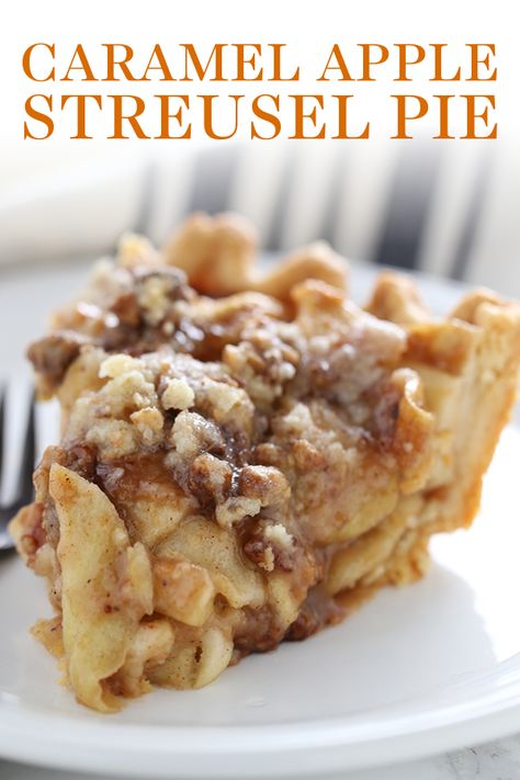 This Caramel Apple Streusel Pie features a rich and buttery crust, an easy homemade caramel apple filling, and a toffee streusel topping. Easy homemade, from-scratch recipe that is great for a crowd during fall or on the Thanksgiving dessert table! Simply the BEST. #applepie #caramelapple #applestreusel #thanksgiving #applepierecipe Apple Streusel Pie, Homemade Caramel Apple, Streusel Pie, Easy Homemade Caramel, Thanksgiving Dessert Recipes, Pumpkin Cheesecakes, Caramel Apples Homemade, Thanksgiving Desserts Table, Fun Thanksgiving Desserts