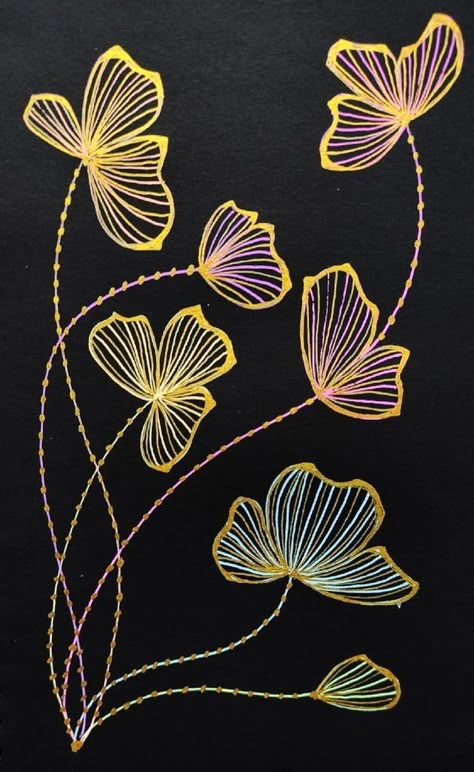 Black Paper Drawing, Simple Hand Embroidery Patterns, Textile Art Embroidery, Hand Embroidery Patterns Flowers, Pola Sulam, Hand Embroidery Flowers, Embroidery Patterns Vintage, Hand Embroidery Projects, Embroidery Neck Designs