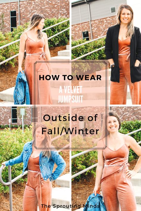 How to Wear a Velvet Jumpsuit Velvet Jumpsuit Outfit With Jacket, How To Wear A Jumpsuit In Winter, Velvet Romper Outfit, Velvet Jumpsuit Outfit, Velvet Jumper, Jumpsuit Fall, Outfits Dressy, Velvet Romper, Jumper Outfit