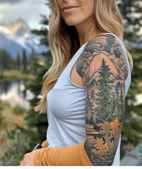 Female Empowerment Tattoo, Mountain Sleeve Tattoo, Wilderness Tattoo, Brazilian Tattoo, Cover Up Tattoos For Women, Atlas Tattoo, Masculine Tattoos, Arm Sleeve Tattoos For Women, Floral Tattoo Shoulder