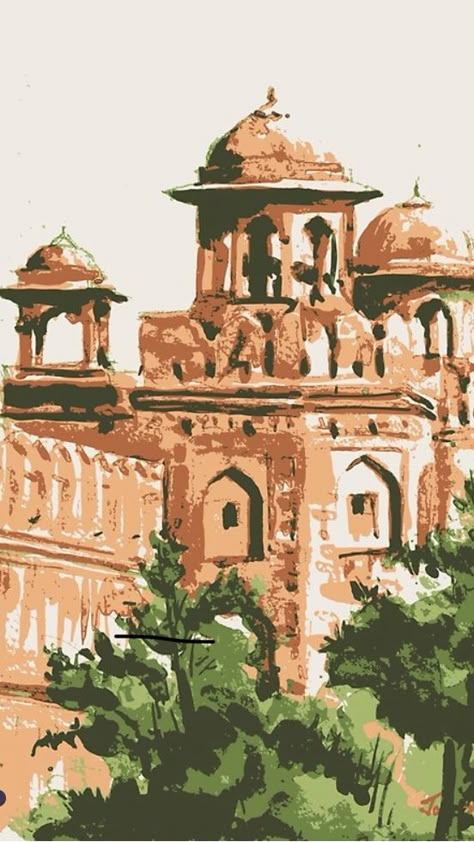 Fort Sketch, Red Fort Sketch, Red Fort Illustration, Red Fort Delhi Drawing, Gwalior Fort Painting, Delhi Illustration, Red Fort Painting, Indian Monuments Paintings, Indian Monuments Illustration