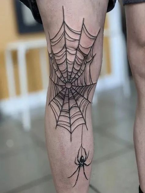 Spider Shin Tattoo, Spider Web Tattoo Kneecap, Traditional Spider Web Tattoo Design, Knee Spider Web Tattoo, Spider Web On Elbow, Checkered Tattoo, Sleeve Filler Ideas Men Arm Tattoo, Spider Web Tattoos, Symbolism Art