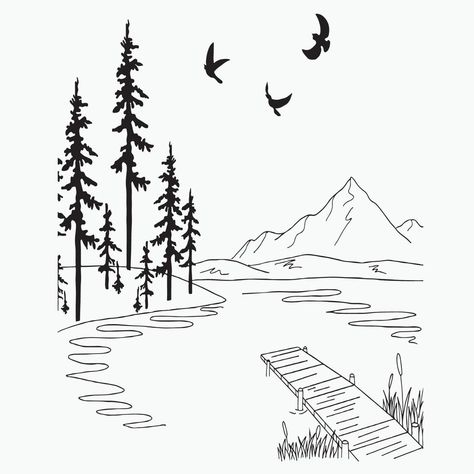 Forest Drawings Simple, Wilderness Drawings Easy, Lake Landscape Drawing, Landscape Outline Drawing, Lake Drawing Simple, Lake Drawings Easy, Lake House Drawing, Forest Sketch Simple, How To Draw A Forest