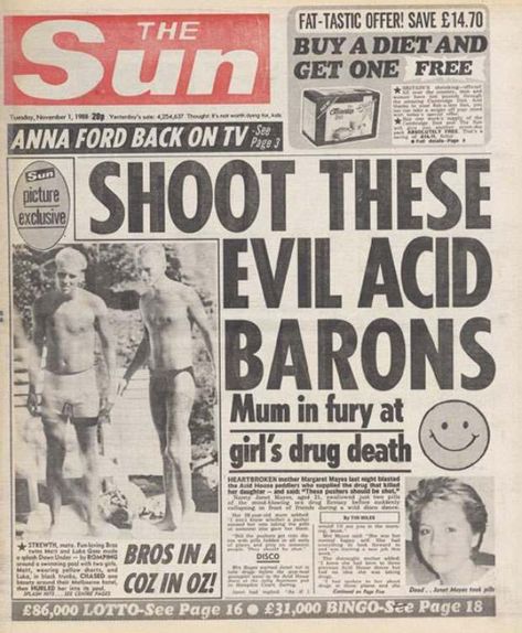 When Acid House Freaked Out Fleet Street: Tabloid Horror Stories From The 1980s - Flashbak Acid House Rave, 1980s Aesthetic, Funny Headlines, Moral Panic, Yakuza Tattoo, Spin Doctors, Fleet Street, Acid House, Cover Letter Template