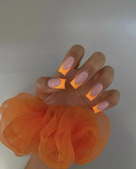 Neon Acrylic Nails Square, Orange Square French Tip Nails, Orange French Tip Nails Coffin, Orange French Tip Square, Orange French Tip Acrylic Nails, Neon French Tip Nails Square, Colour French Tips Nails Acrylic, Orange French Tip Nails Acrylics, Orange Square Acrylic Nails