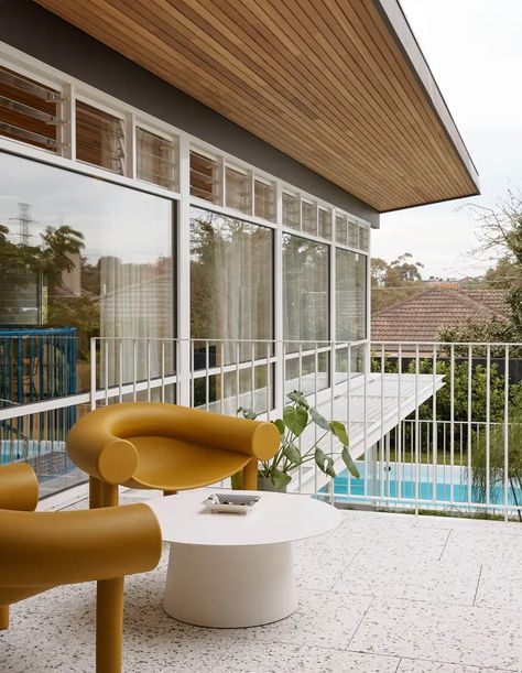 A Delightfully Kooky, Mid-Century Inspired Melbourne Home Grey Terrazzo Floor, Melbourne Home, Terrazzo Floors, Melbourne House, Mid Century Architecture, Cabinetry Design, Interior Design Magazine, Soho House, Staircase Design