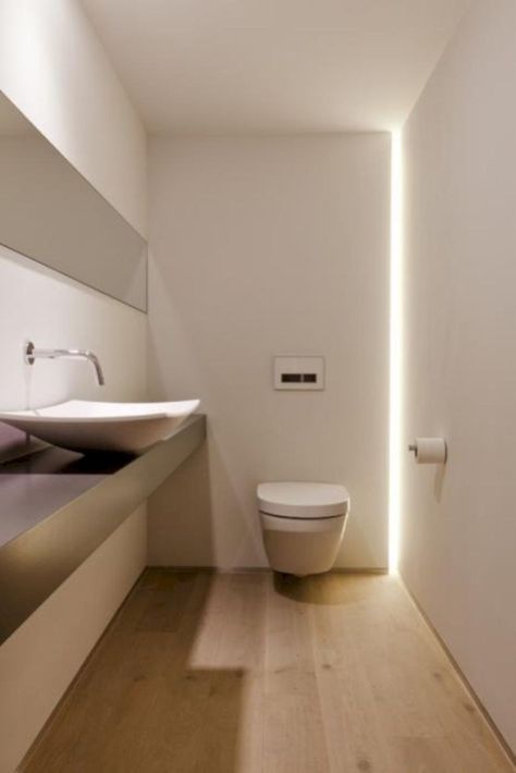 43 Nice and Minimalist Bathroom with The Glass Wall with a Concrete - Matchness.com Bathroom Glass Wall, Drømme Bad, Toilette Design, Led Bathroom Lights, Toilet Sink, Guest Toilet, Downstairs Toilet, Cove Lighting, Bad Inspiration