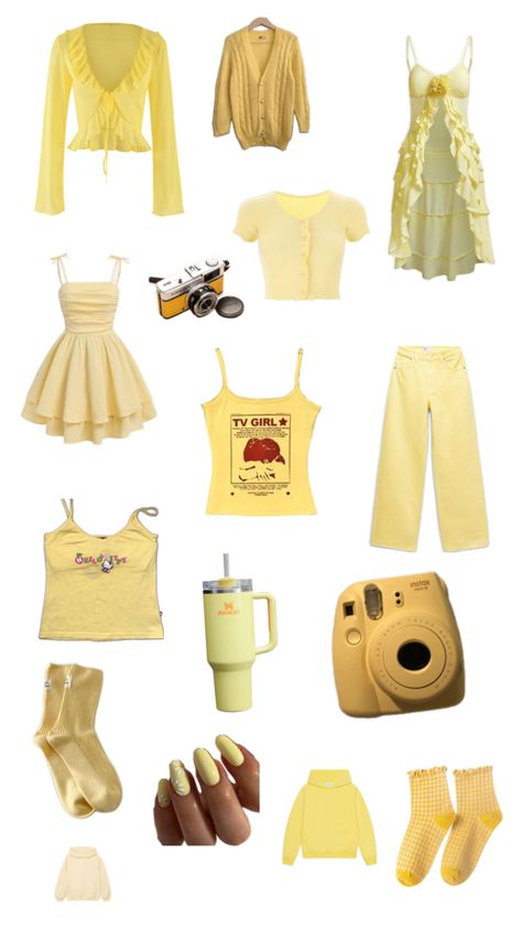 #yellow #aesthetic #clothes #color #collage #viralpost #stanleycup #nailsinspo #camera Suncore Outfits, Light Yellow Outfit Aesthetic, Yellow Aesthetic Clothes, Honey Core Aesthetic, Light Yellow Outfit, Yellow 2000s Outfit, Basic Clothing, Yellow Outfits, 2000s Outfit