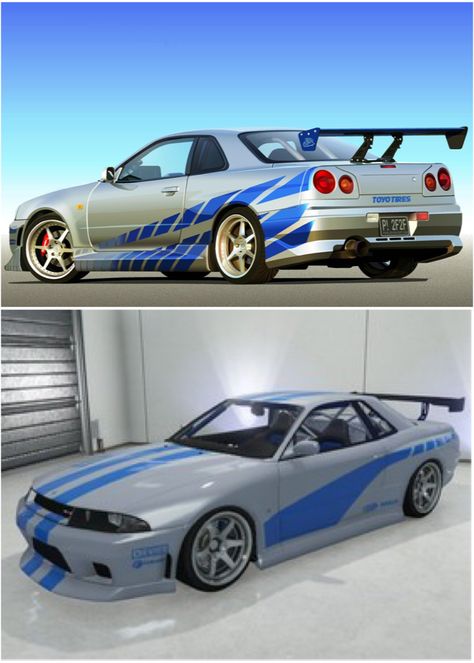 Elegy Retro Custom in GTA Online made to look like Brian's 1999 Nissan Skyline GT-R R34 2 Fast 2 Furious. #brianoconnor #gtaonline #gta #grandtheftauto #elegy #elegyretrocustom #bennys #fast&furious #2fast2furious #paulwalker #nissan #skyline Gta Cars Custom, Nissan Skyline Gtr R33, Gta Funny, Nissan R34, Gta Cars, Nissan Gtr R34, Gtr Car, Skyline Gtr R34, Gtr R34