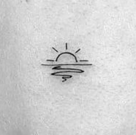 Sunset Minimal Tattoo, Lake Tattoo Ideas Simple, Water Inspired Tattoo Simple, Simple Water Tattoos For Women, Small Lake Tattoo Ideas, California Minimalist Tattoo, Minimalistic Sunset Tattoo, Small Lake Tattoo, Lake Sunset Tattoo