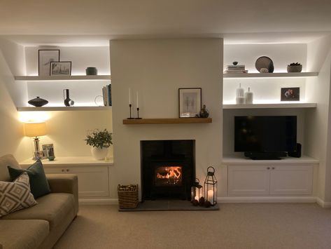 Living Room With Alcove Ideas, Log Burner Shelves, Lounge Room Ideas With Log Burner, Chimney With Shelves, Built In Tv Wall Unit With Log Burner, Chimney Alcove Ideas Living Room, Chimney Recess Cupboards, New Build Lounge Ideas Uk, Tv On Bracket In Corner