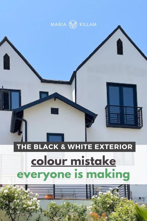 This exterior colour mistake is ruining neighborhoods everywhere. Find out what it is and learn how to avoid it as the black and white trend continues to dominate our decisions. Ivory And Black House Exterior, Exterior House Black And White, Black And White Outdoor House Paint, Grey White House Exterior, White And Black Stucco House, White House With Black Soffit And Fascia, Black And White Exterior Paint Colors, Black And White Outside House, White And Grey Exterior House