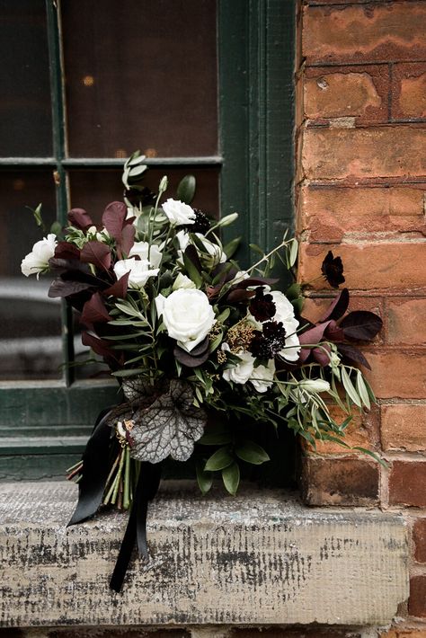 bouquet of burgundy florals and lots of greenery Black Wedding Flowers, Whiskey Barrel Wedding, Goth Wedding, Dark Wedding, Moody Wedding, Martha Stewart Weddings, Deco Floral, Gothic Wedding, Halloween Wedding