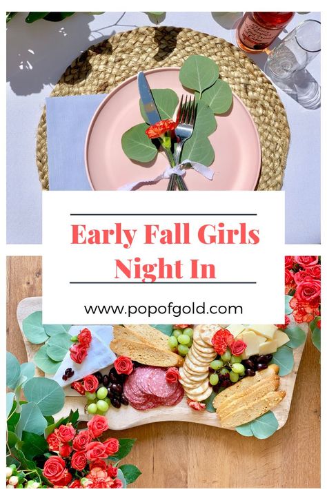 Early Fall Girls Night In Fall Themed Girls Night In, Fall Girls Night In, Easy Table Setting, Fall Girls Night, Easy Table, Bachelor In Paradise, Party Styling, Stemless Champagne Flutes, Pink Plates