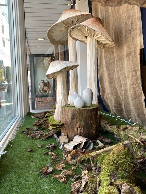 Diy Large Mushrooms, Giant Mushroom Decor, Mushroom Umbrella Diy, Giant Mushrooms Diy, Diy Giant Mushroom, Woodland Window Display, Diy Big Mushroom, Window Display Fall, Mushroom Window Display