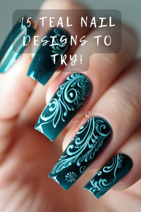 Need a fresh nail look? Click for the top 15 teal nail designs that are perfect for any season! 🌿💙 #TealNailArt #FreshNails #NailInspiration #SeasonalStyle #ManicureMagic Dark Teal Nails French Tip, Dark Teal And Black Nails, Teal Floral Nails, Dark Teal Gel Nails, Teal Nails With Flowers, Brown And Teal Nails, Dark Teal Nail Ideas, Black And Teal Nail Designs, Teal And Brown Nails