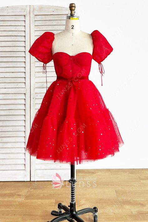 Sequinned Red Tulle Puff Sleeve Corset Homecoming Dress 1Y009 -  #1Y009 #corset #Dress #Homecoming #puff #Red #Sequinned #Sleeve #Tulle I Bet You Think About Me Dress, Red Tulle Dress Short, Red Poofy Dress, Red Dress Puffy Sleeves, Red Dress Puffy, Red Dama Dresses, Shiny Dress Short, Red Short Homecoming Dresses, Red Christmas Party Dress