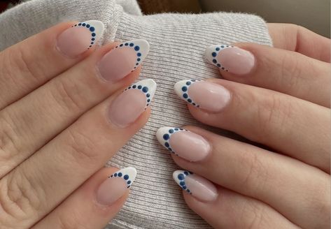 French Tips With Starfish, White French Tip With Blue Dots, French Tip Nails Blue And White, Bright Blue French Tip Nails, Blue Dot Nails, Bone Nails, Kate Morgan, Nail Inspired, Quince Nails