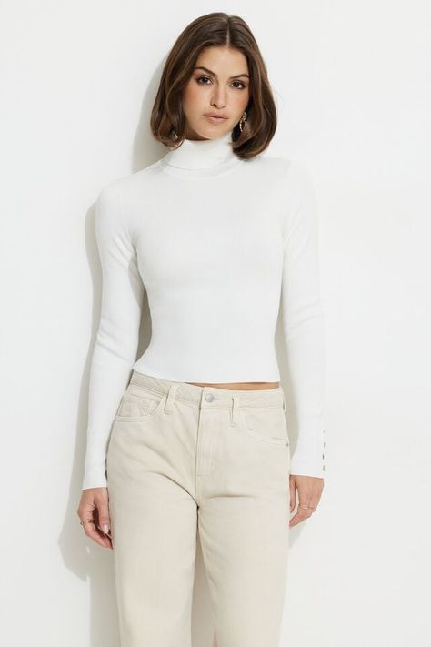 Button Cuff Turtleneck Sweater Snow White Long Sleeve Tops For Women, White Turtleneck, Knit Turtleneck, Turtleneck Top, Sweater White, Turtle Neck Top, Pearl Buttons, New Tops, White Sweaters