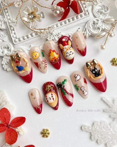 Christmas Nail Charms, Sanrio Christmas Nails, Christmas Nails Nail Art, Kawaii Christmas Nails, Christmas Nails 3d, 3d Christmas Nails, Ghibli Nail Art, Ghibli Christmas, Studio Ghibli Nails