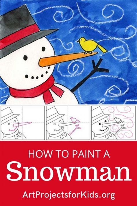 4th Grade Art Projects Winter, Snowman Art Projects For Kids, Paint A Snowman, Drawing Kindergarten, Snowman Coloring Page, Snowman Tutorial, December Art, Snowman Coloring, Draw A Snowman