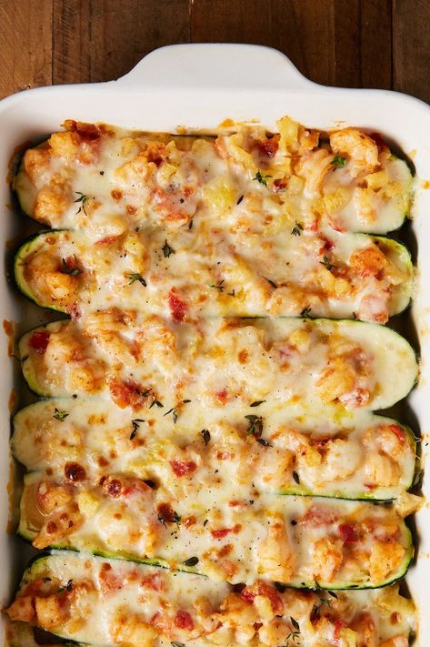 Summer Squash Bake, Keto Summer Squash Recipes, Summer Squash Baking Recipes, Best Way To Cook Summer Squash, Tatume Squash Recipes, Shrimp Zucchini, Spicy Grilled Shrimp, Garlicky Shrimp, Zucchini Boat Recipes