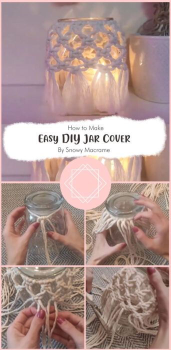 Macrame On Jars Diy, Macrame Around Jars, Macrame Decor Ideas Diy Crafts, Macrame Pot Cover Diy, Boho Jars Diy, Macrame Glass Jar Tutorial, Diy Macrame Jar Covers, Macrame On Jars, Macrame Mason Jar Covers