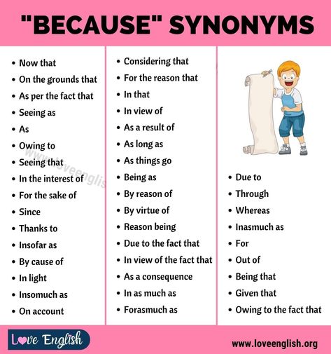 Because Synonyms Synonyms Of Because, Synonym For Because, More Synonyms For Because, Because Synonyms, Essay Writing Skills, Descriptive Words, Interesting English Words, Good Vocabulary Words, Good Vocabulary