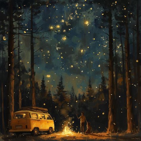 This enchanting oil painting depicts a starry night scene in a serene forest, featuring a classic Volkswagen camper nestled among the trees. The rich, deep hues of the night sky, adorned with shimmering stars, create a magical atmosphere that captures the essence of camping under the stars. This beautiful artwork is perfect for adding a touch of whimsy and adventure to your art collection, making it an ideal centerpiece for an accent wall. Original painting one of a kind. Size: 36x48 inches. Med Nighttime Forest Painting, Starry Painting, Camping Under The Stars, Forest At Night Painting, Starry Sky Painting, Painting Stars, Camp Painting, Night Forest Painting, Cloudy Nights