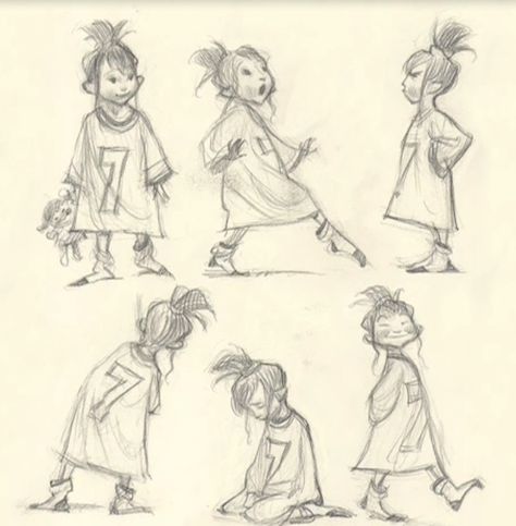 Boo was originally written to be six-year-old. She was rewritten to be toddler because the writers felt it would make her more dependent on Sulley. Gesture Practice, People Cartoon, Model Sheet, 캐릭터 드로잉, Character Poses, Monsters Inc, Illustration Inspiration, Character Design References, Illustration Character Design