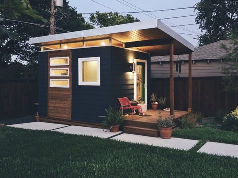 Modern Shed Office, Backyard With Shed Layout, Big Side Yard Ideas, She Shed With Storage, Prefab Office Shed, Modern Shed Ideas, Backyard Additions, Nomad House, Adu Designs